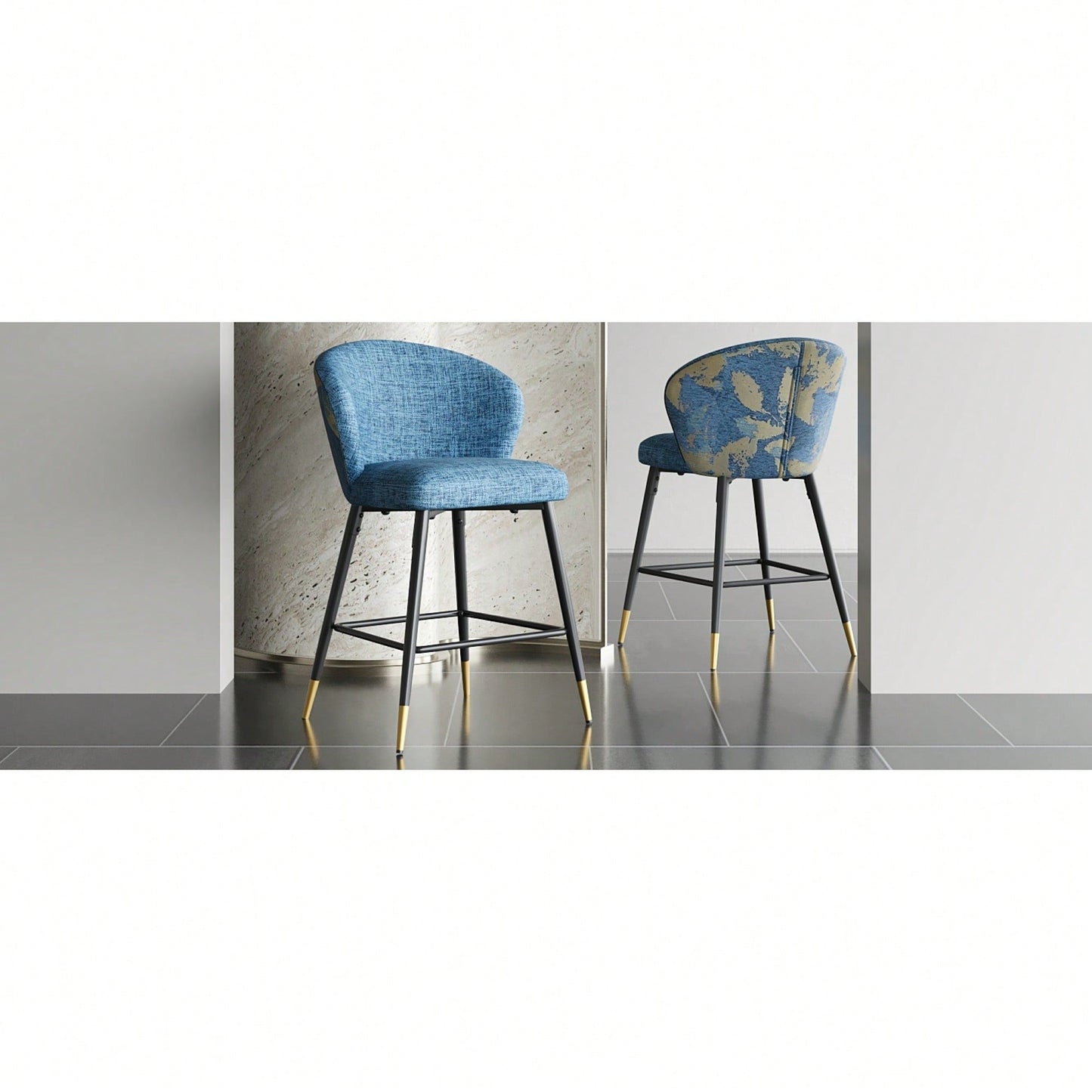 Set Of 2 Jacquard Upholstered Counter Height Bar Stools With Metal Footrest For Kitchen And Dining Room, 28 Inch Seat Height, Blue