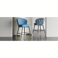 Set Of 2 Jacquard Upholstered Counter Height Bar Stools With Metal Footrest For Kitchen And Dining Room, 28 Inch Seat Height, Blue