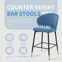 Set Of 2 Jacquard Upholstered Counter Height Bar Stools With Metal Footrest For Kitchen And Dining Room, 28 Inch Seat Height, Blue