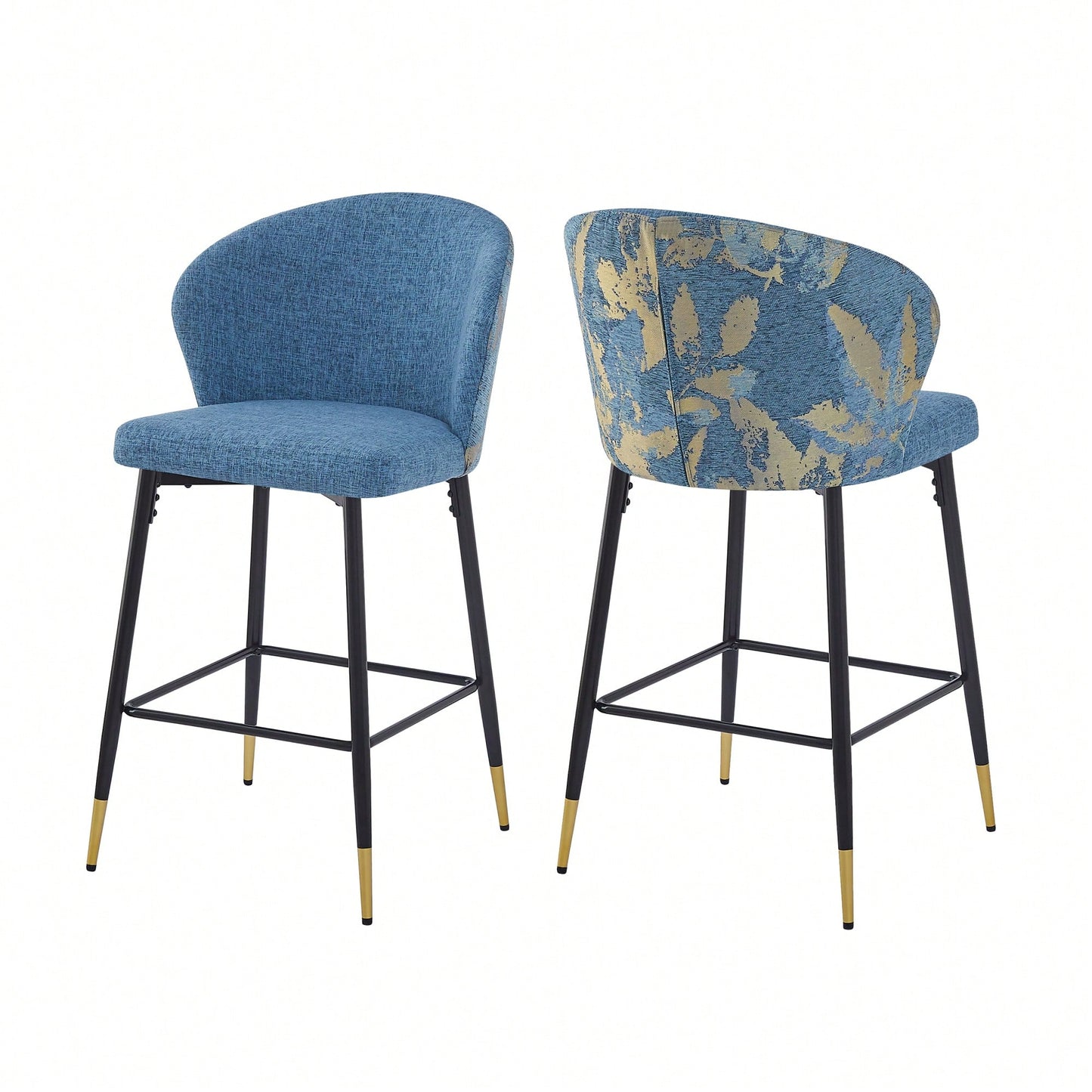 Set Of 2 Jacquard Upholstered Counter Height Bar Stools With Metal Footrest For Kitchen And Dining Room, 28 Inch Seat Height, Blue