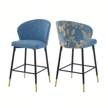 Set Of 2 Jacquard Upholstered Counter Height Bar Stools With Metal Footrest For Kitchen And Dining Room, 28 Inch Seat Height, Blue