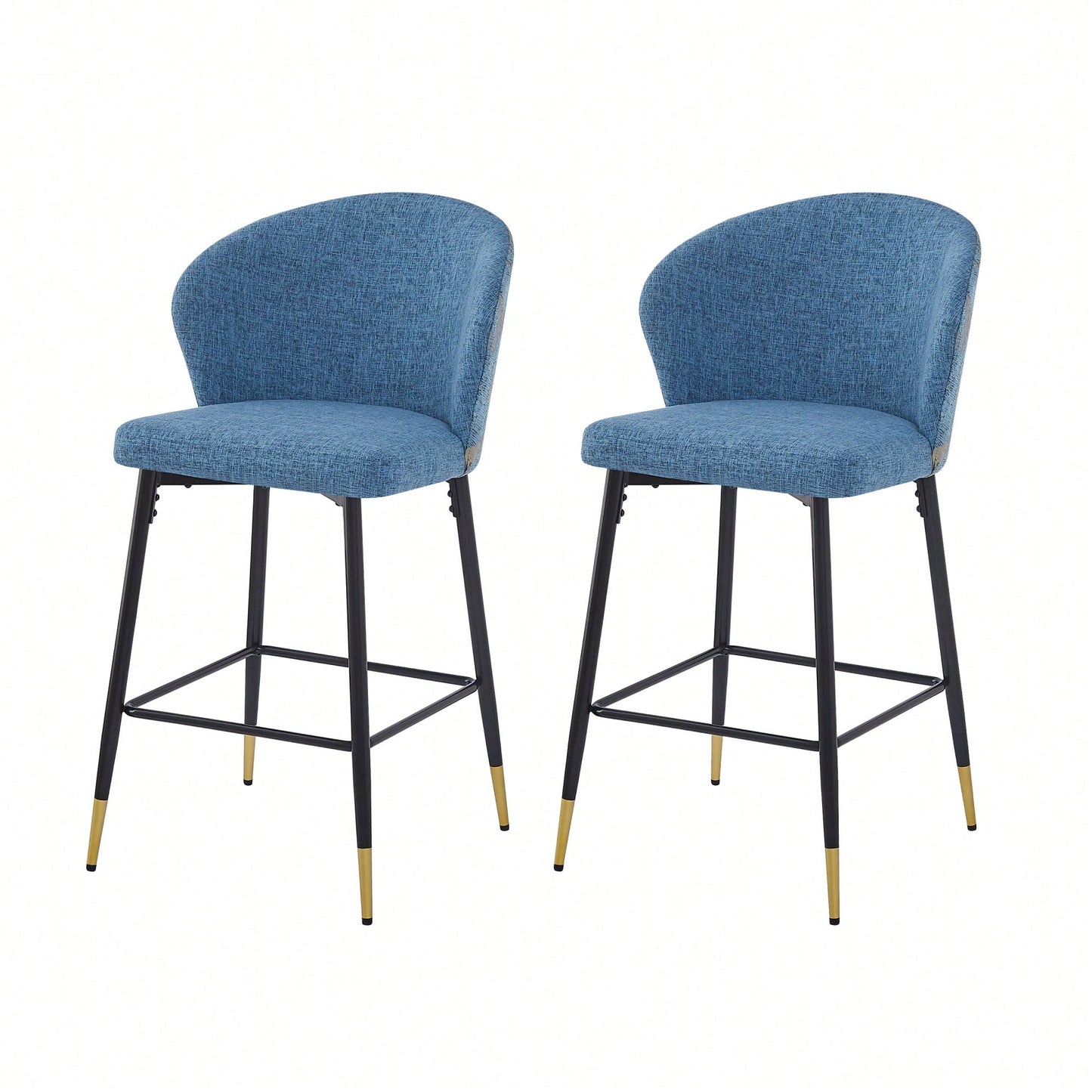 Set Of 2 Jacquard Upholstered Counter Height Bar Stools With Metal Footrest For Kitchen And Dining Room, 28 Inch Seat Height, Blue