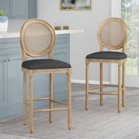 Elegant Solid Wood Cane Bar Stool Set With Upholstered Seat 30.25 Inch Height