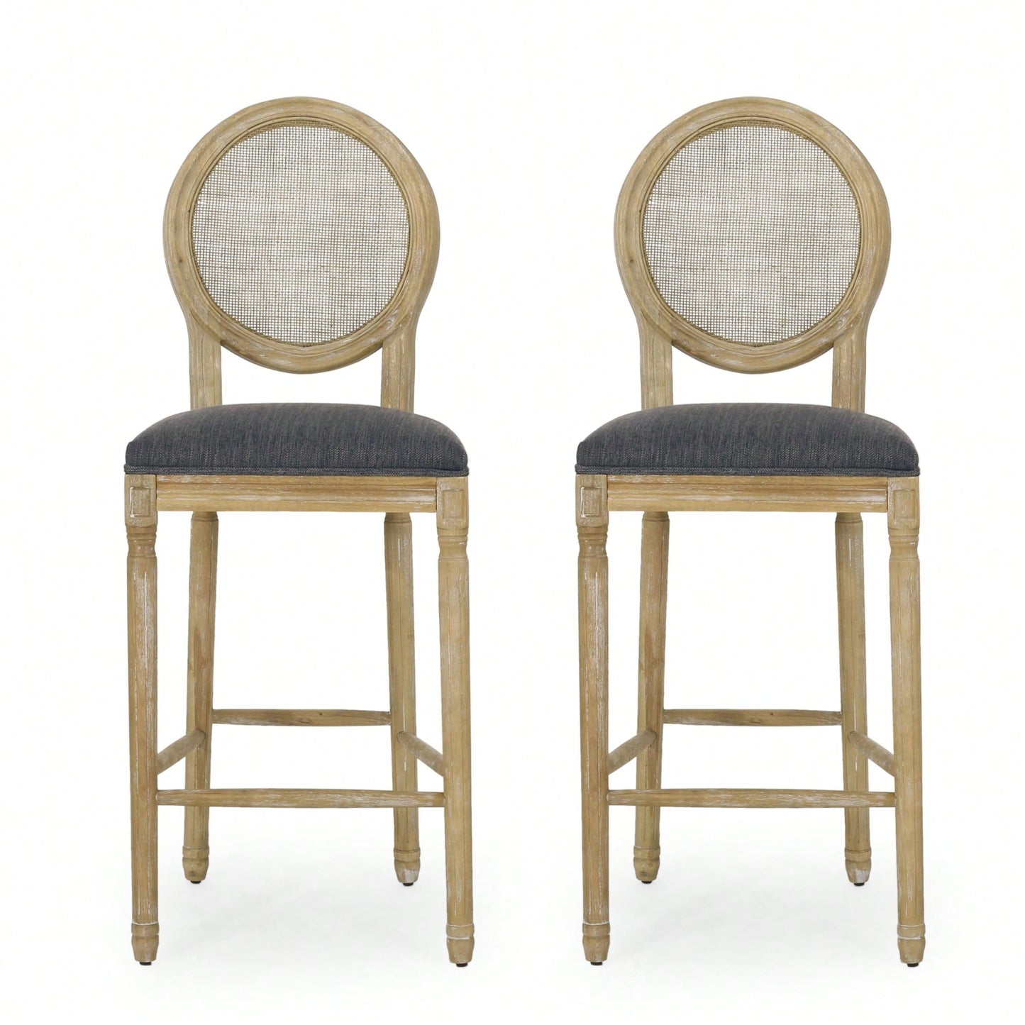 Elegant Solid Wood Cane Bar Stool Set With Upholstered Seat 30.25 Inch Height