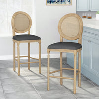 Elegant Solid Wood Cane Bar Stool Set With Upholstered Seat 30.25 Inch Height