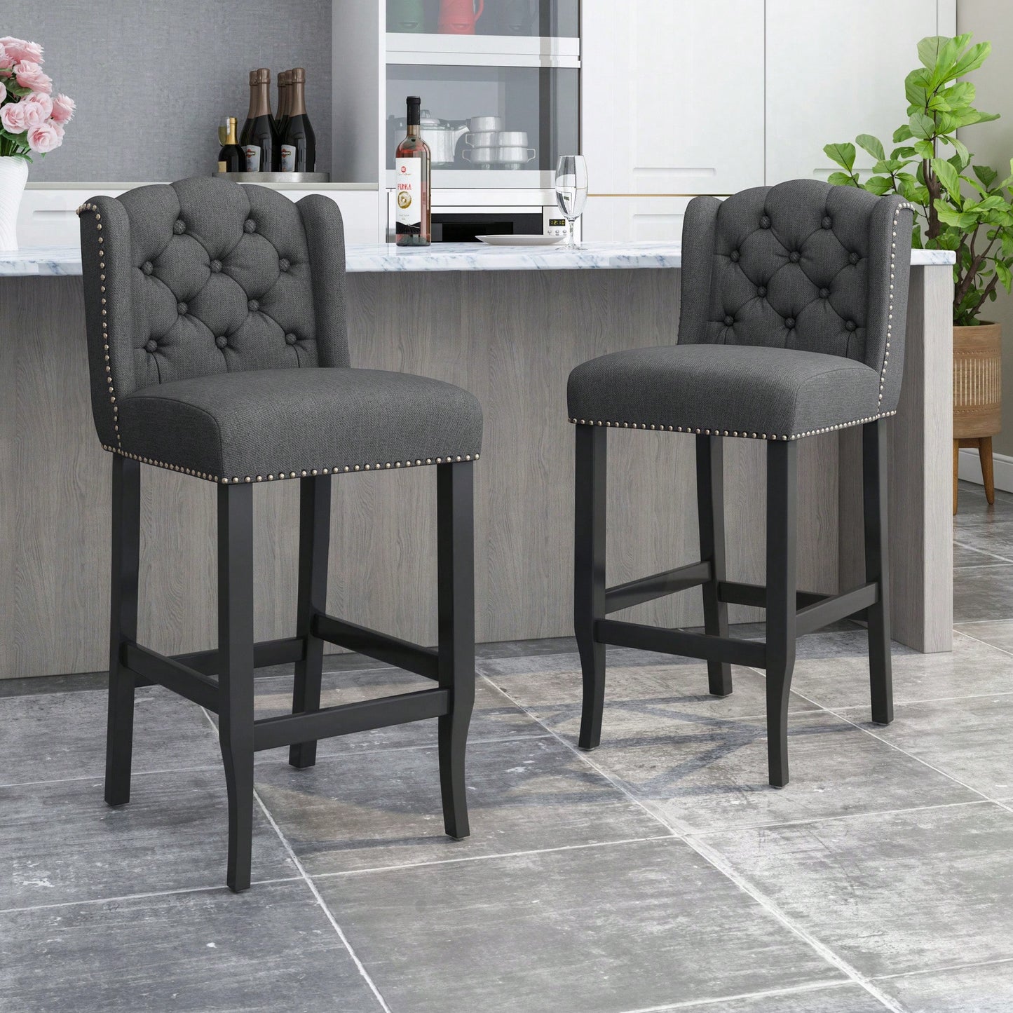 Charcoal And Dark Brown Fabric Tufted Wingback Counter Stools Set Of 2 31 Inch Height