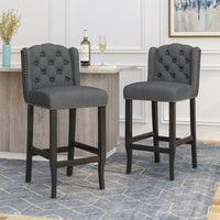 Charcoal And Dark Brown Fabric Tufted Wingback Counter Stools Set Of 2 31 Inch Height