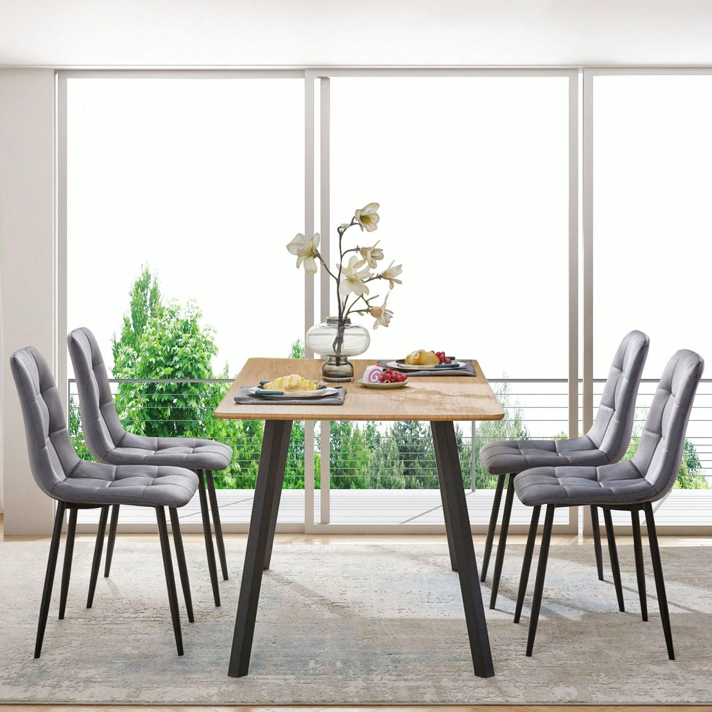 Set Of 4 Mid Century Modern Grey Velvet Dining Chairs For Kitchen And Living Room