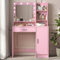 Pink Vanity Desk With Mirror And Light, Adjustable Brightness, Large Drawer And Three Level Storage Dresser For Bedroom