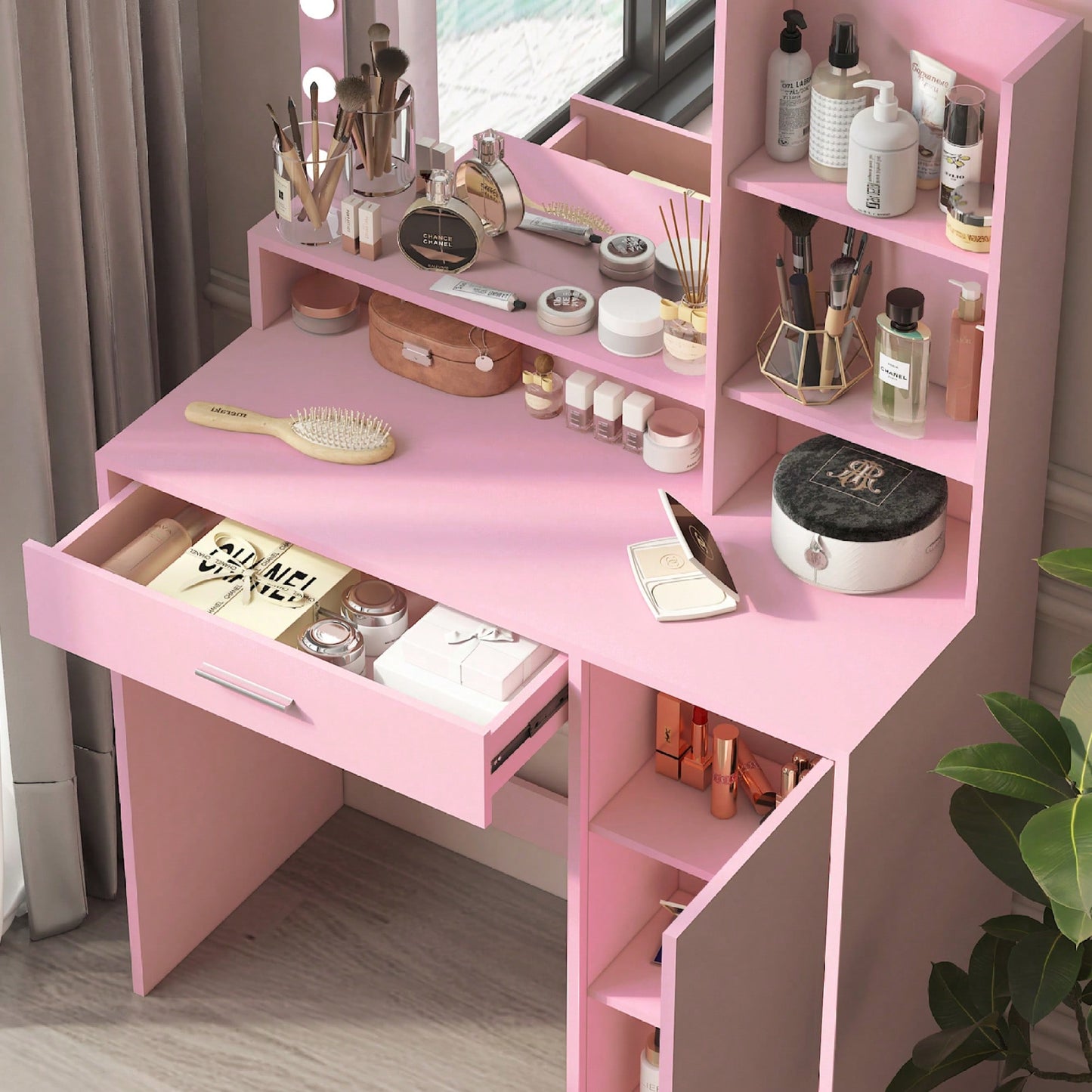 Pink Vanity Desk With Mirror And Light, Adjustable Brightness, Large Drawer And Three Level Storage Dresser For Bedroom