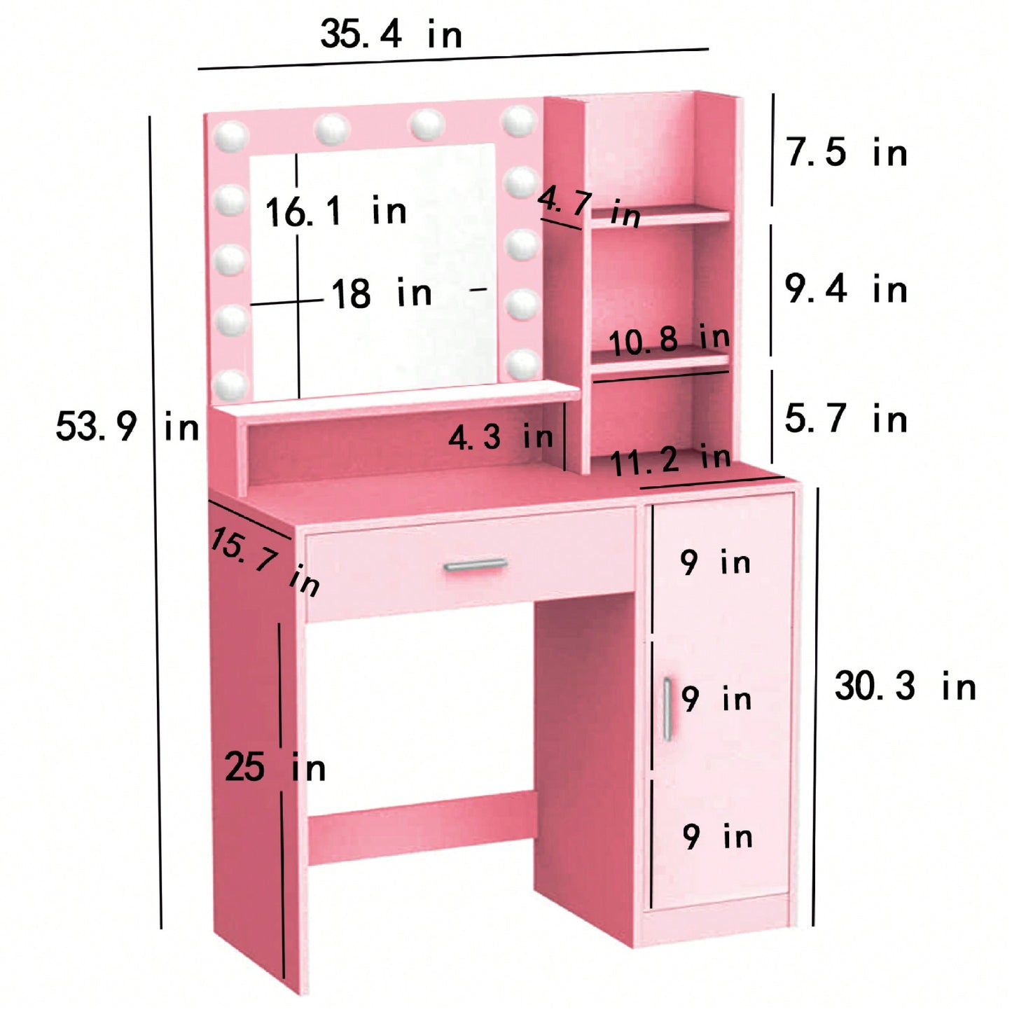 Pink Vanity Desk With Mirror And Light, Adjustable Brightness, Large Drawer And Three Level Storage Dresser For Bedroom