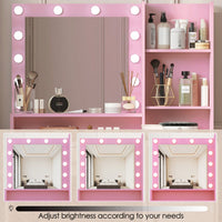 Pink Vanity Desk With Mirror And Light, Adjustable Brightness, Large Drawer And Three Level Storage Dresser For Bedroom