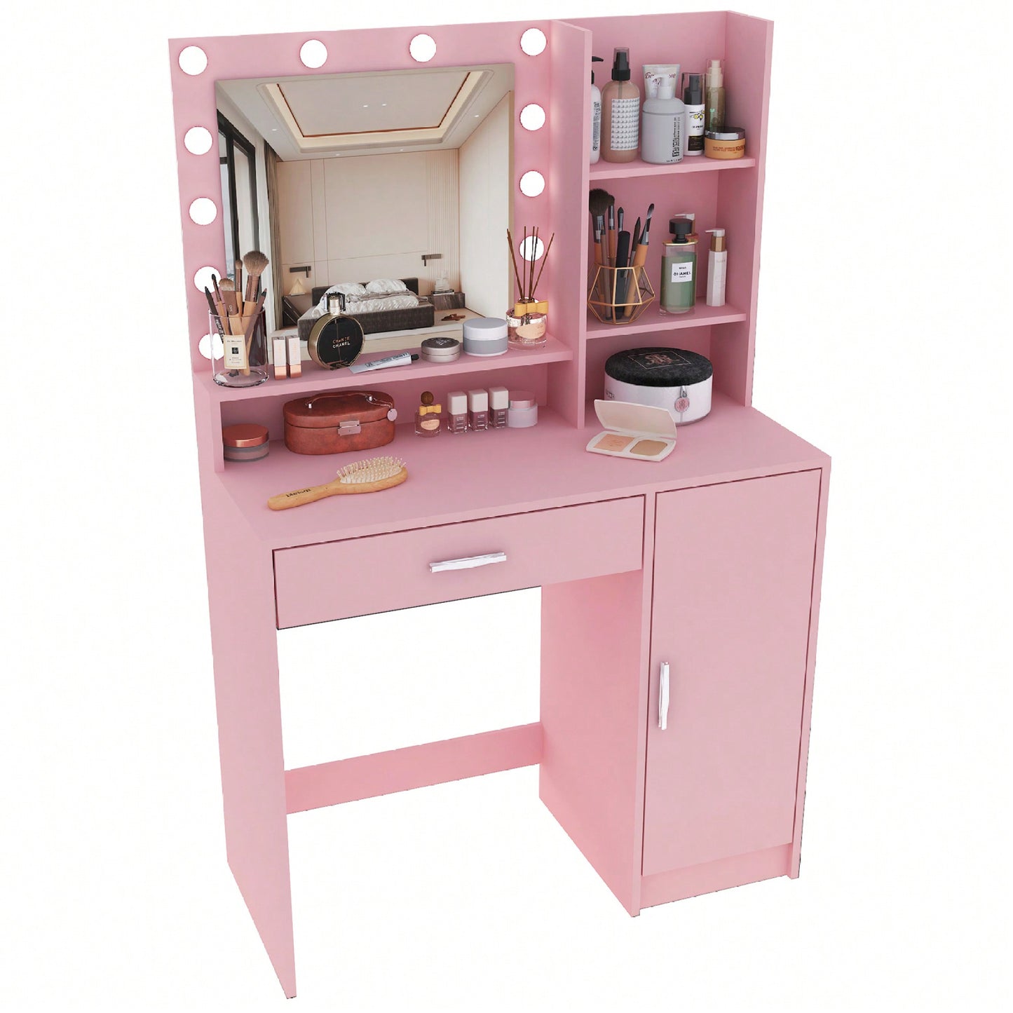 Pink Vanity Desk With Mirror And Light, Adjustable Brightness, Large Drawer And Three Level Storage Dresser For Bedroom