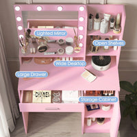 Pink Vanity Desk With Mirror And Light, Adjustable Brightness, Large Drawer And Three Level Storage Dresser For Bedroom