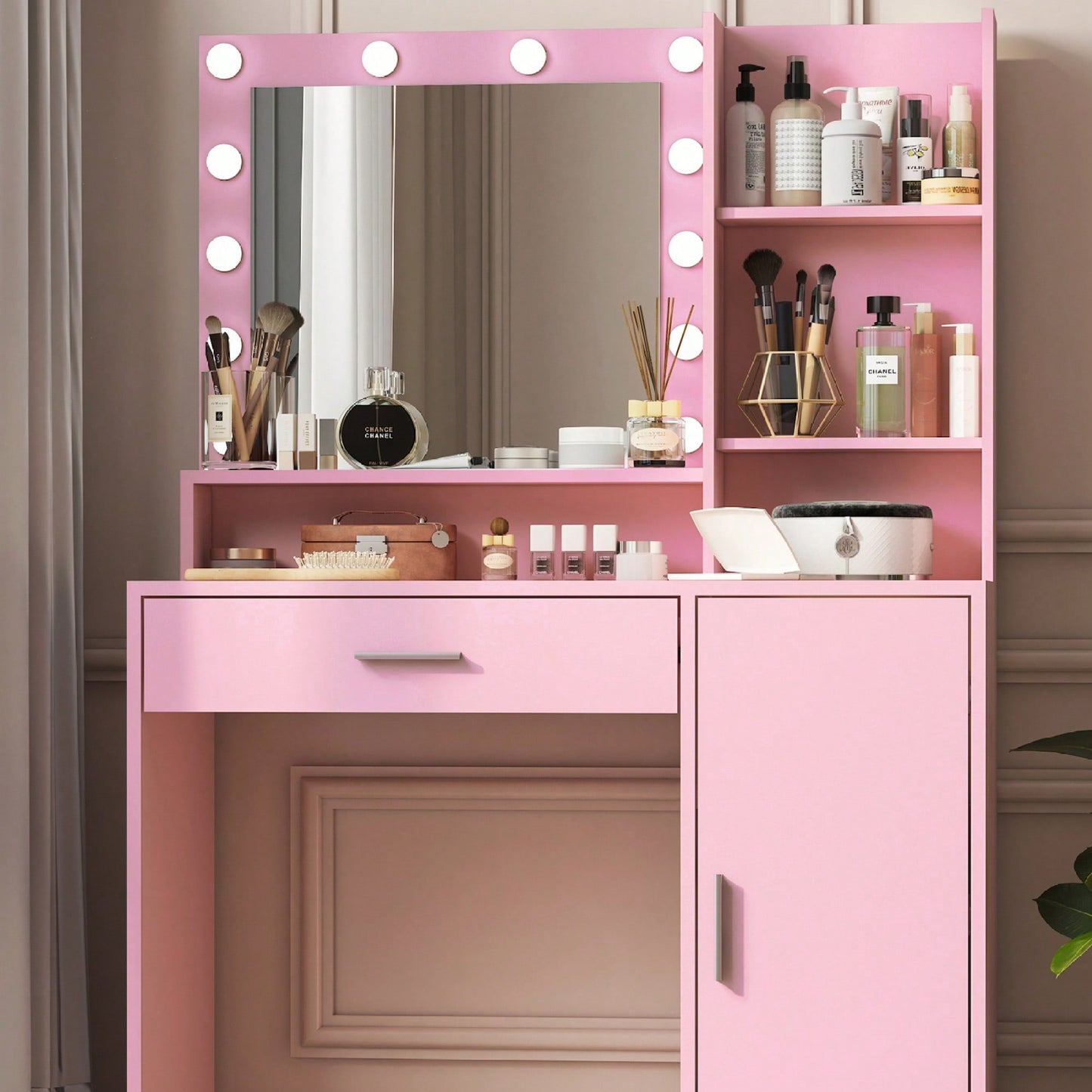 Pink Vanity Desk With Mirror And Light, Adjustable Brightness, Large Drawer And Three Level Storage Dresser For Bedroom