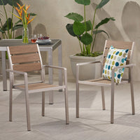 Stylish Outdoor Aluminum Dining Chairs With Faux Wood Seat Set Of 2 Natural Silver Finish