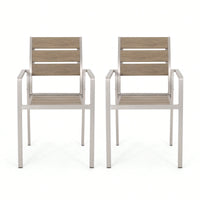 Stylish Outdoor Aluminum Dining Chairs With Faux Wood Seat Set Of 2 Natural Silver Finish