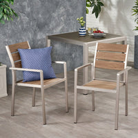 Stylish Outdoor Aluminum Dining Chairs With Faux Wood Seat Set Of 2 Natural Silver Finish