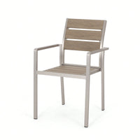 Stylish Outdoor Aluminum Dining Chairs With Faux Wood Seat Set Of 2 Natural Silver Finish