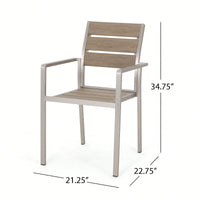 Stylish Outdoor Aluminum Dining Chairs With Faux Wood Seat Set Of 2 Natural Silver Finish