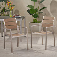 Stylish Outdoor Aluminum Dining Chairs With Faux Wood Seat Set Of 2 Natural Silver Finish