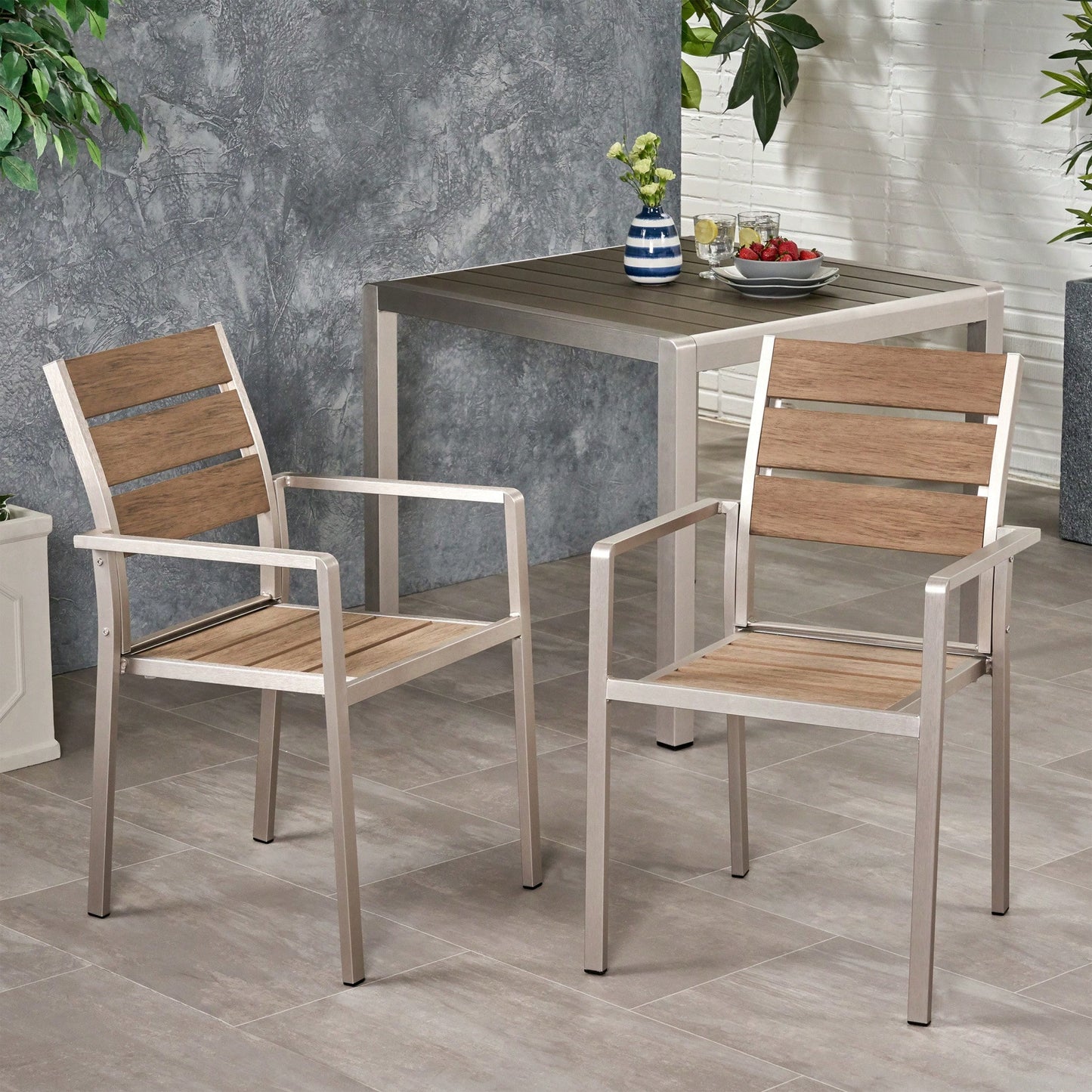 Stylish Outdoor Aluminum Dining Chairs With Faux Wood Seat Set Of 2 Natural Silver Finish