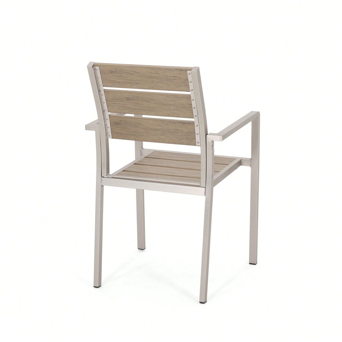 Stylish Outdoor Aluminum Dining Chairs With Faux Wood Seat Set Of 2 Natural Silver Finish