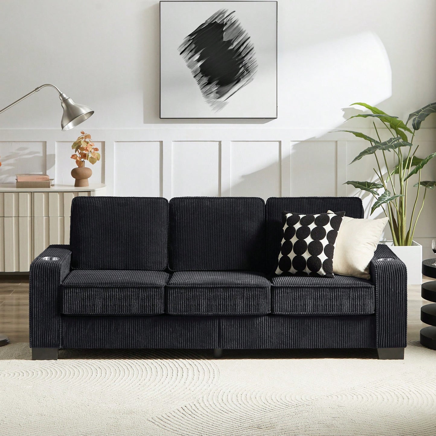 Modern 3-Seater Corduroy Sofa For Living Room Bedroom Office In Black Compressed Design