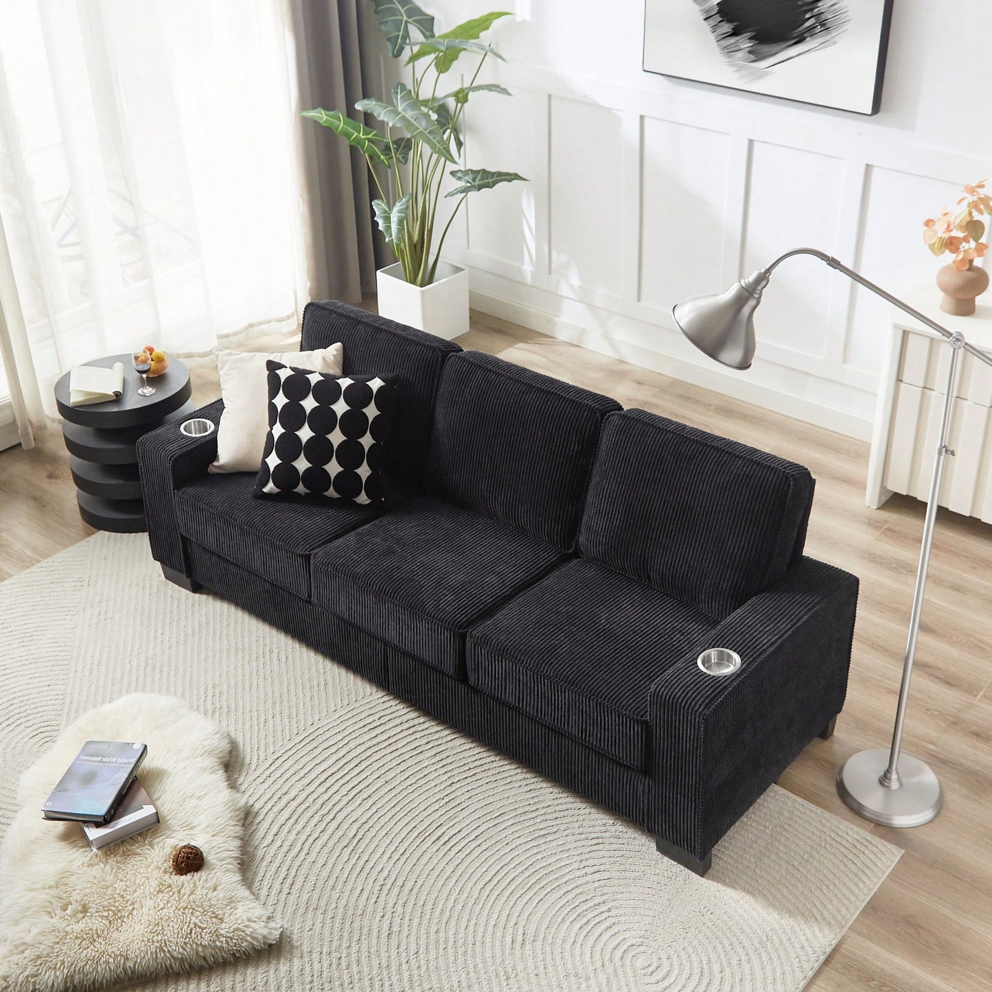 Modern 3-Seater Corduroy Sofa For Living Room Bedroom Office In Black Compressed Design