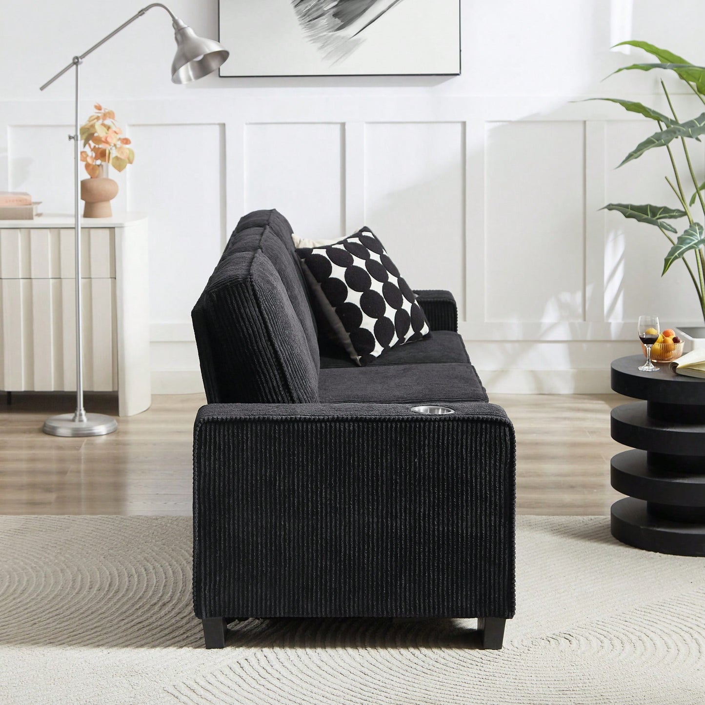 Modern 3-Seater Corduroy Sofa For Living Room Bedroom Office In Black Compressed Design