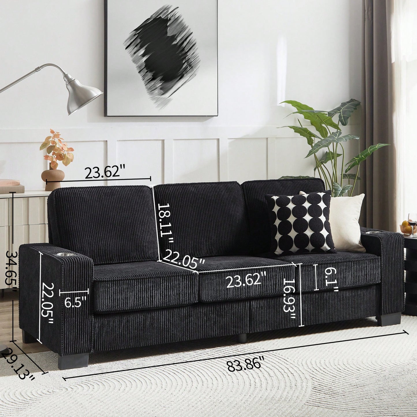 Modern 3-Seater Corduroy Sofa For Living Room Bedroom Office In Black Compressed Design