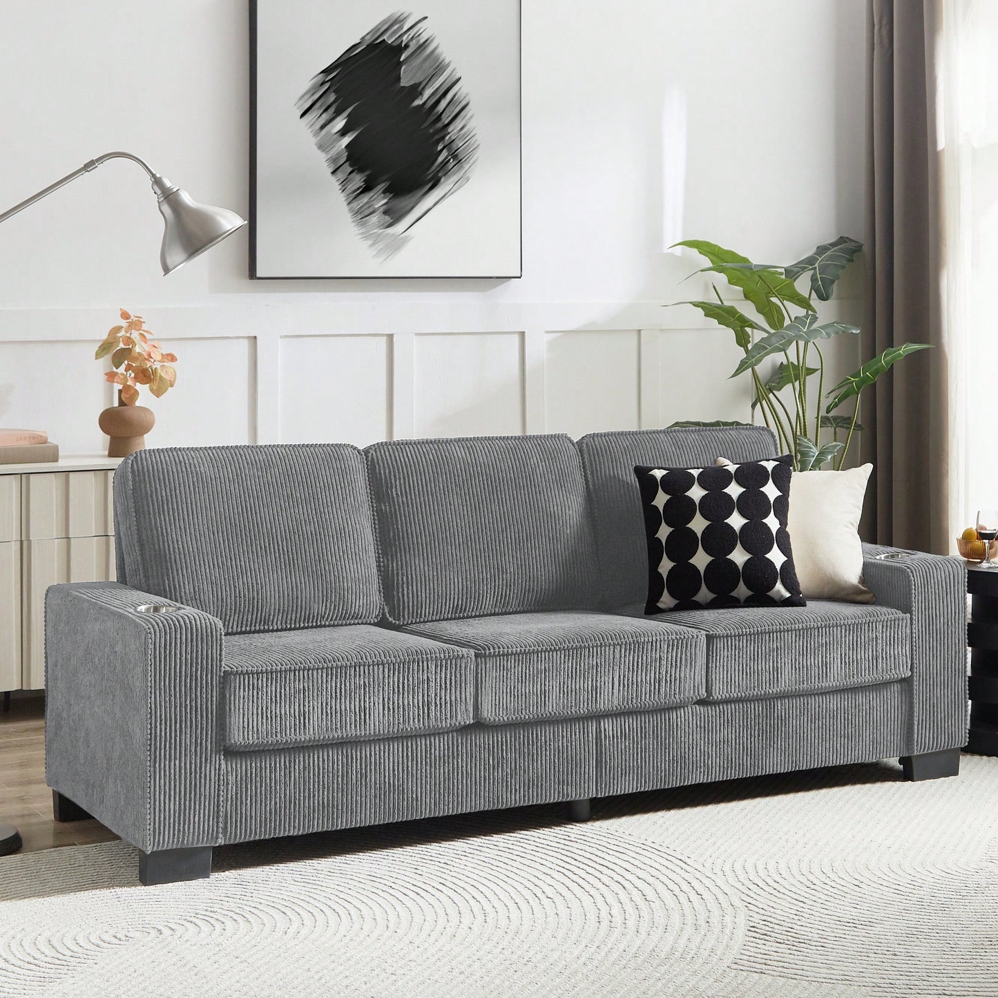 Modern 3-Seater Corduroy Sofa For Living Room Bedroom Office In Black Compressed Design