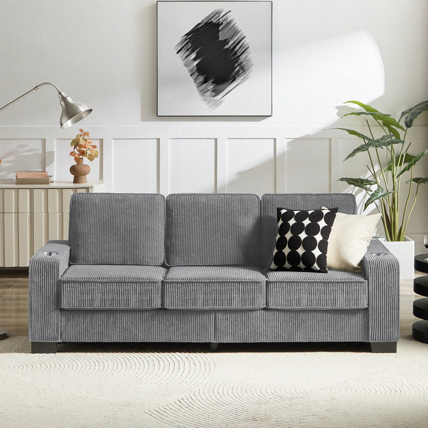 Modern 3-Seater Corduroy Sofa For Living Room Bedroom Office In Black Compressed Design