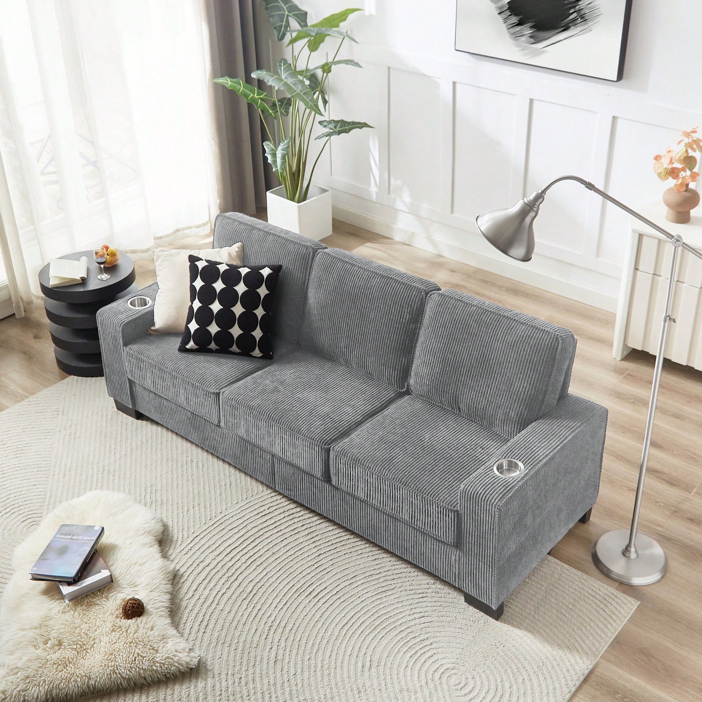 Modern 3-Seater Corduroy Sofa For Living Room Bedroom Office In Black Compressed Design