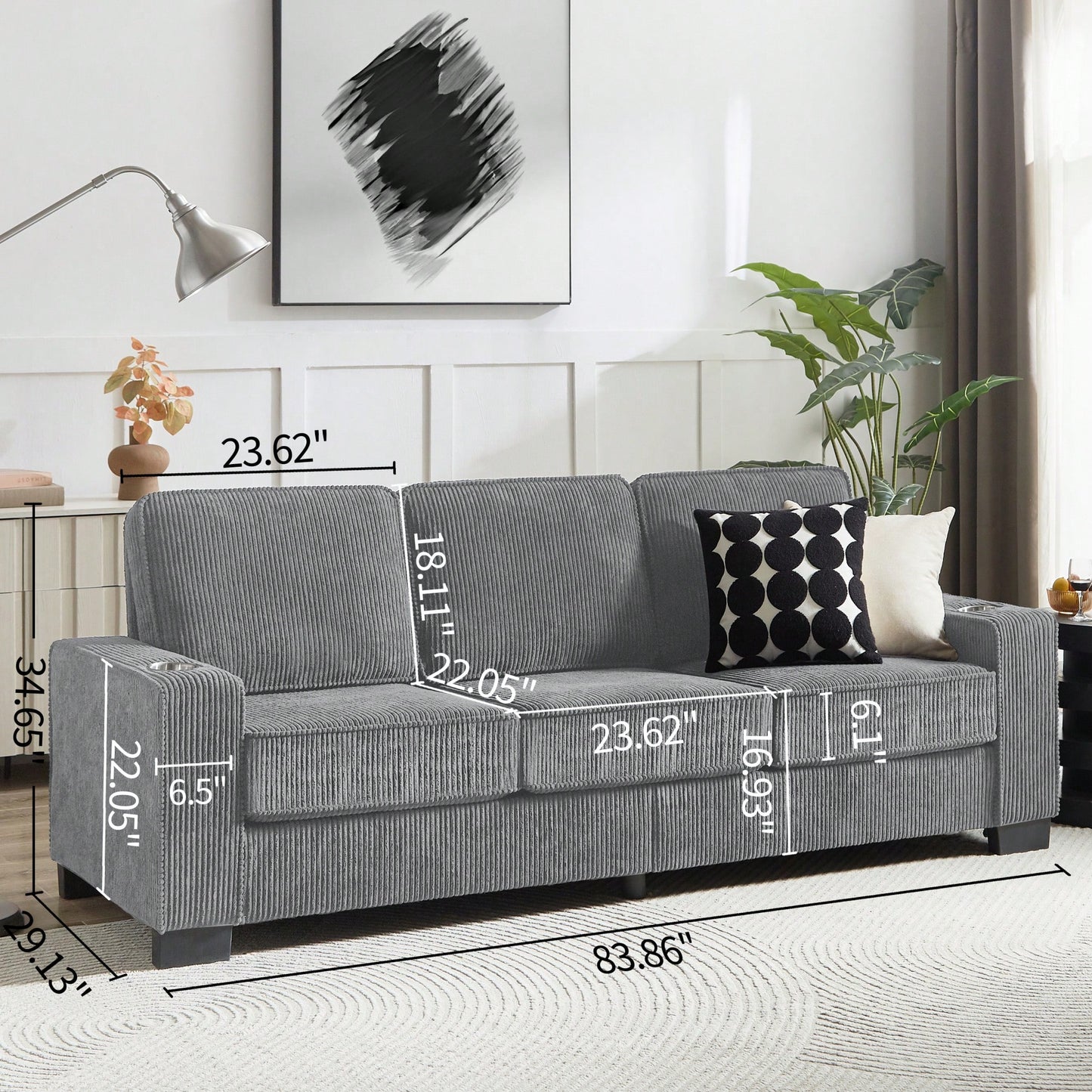 Modern 3-Seater Corduroy Sofa For Living Room Bedroom Office In Black Compressed Design