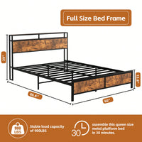 Industrial Full Bed Frame With LED Lighting And USB Charging Ports, Full Size Storage Bed, Rustic Brown Finish, No Box Spring Required