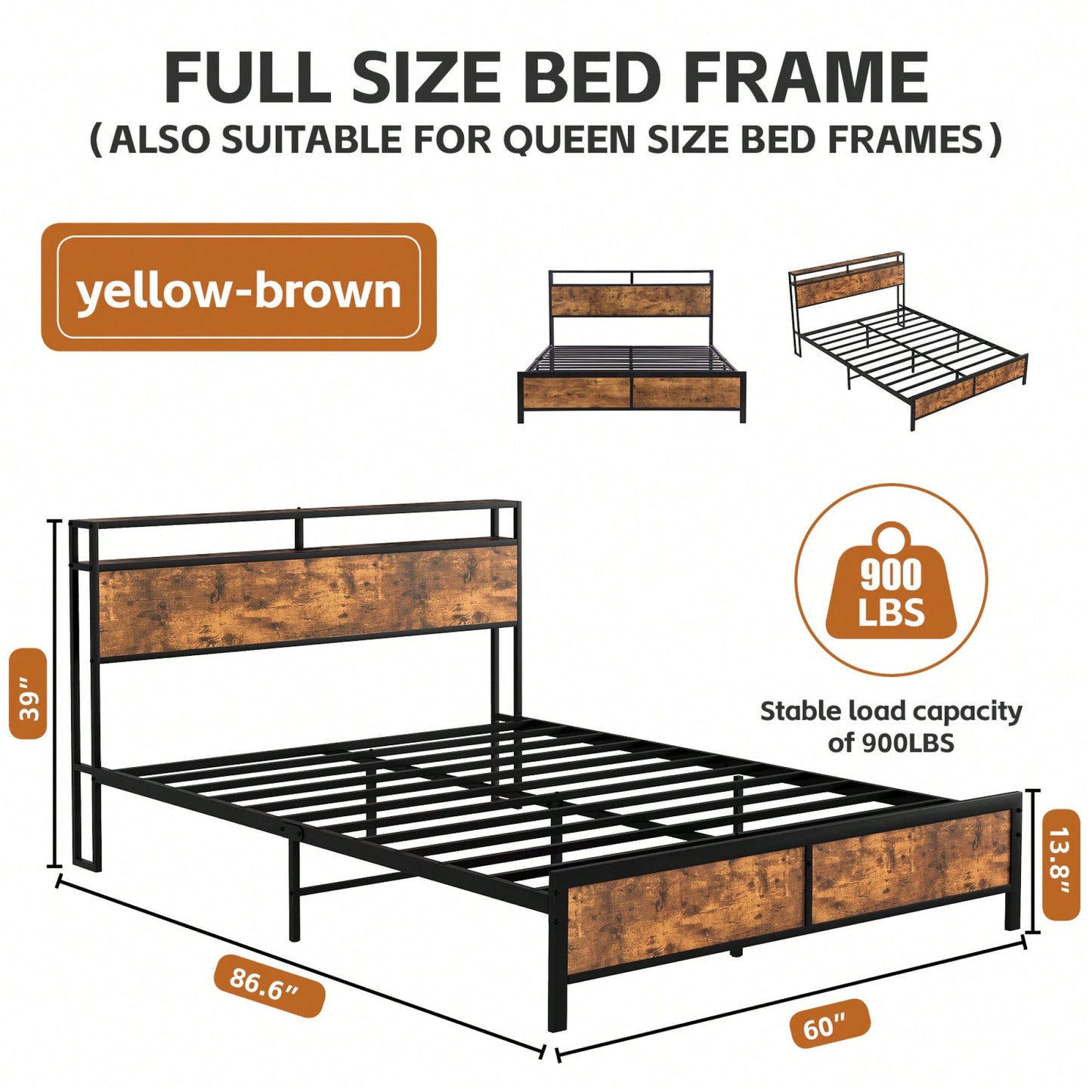 Industrial Full Bed Frame With LED Lighting And USB Charging Ports, Full Size Storage Bed, Rustic Brown Finish, No Box Spring Required