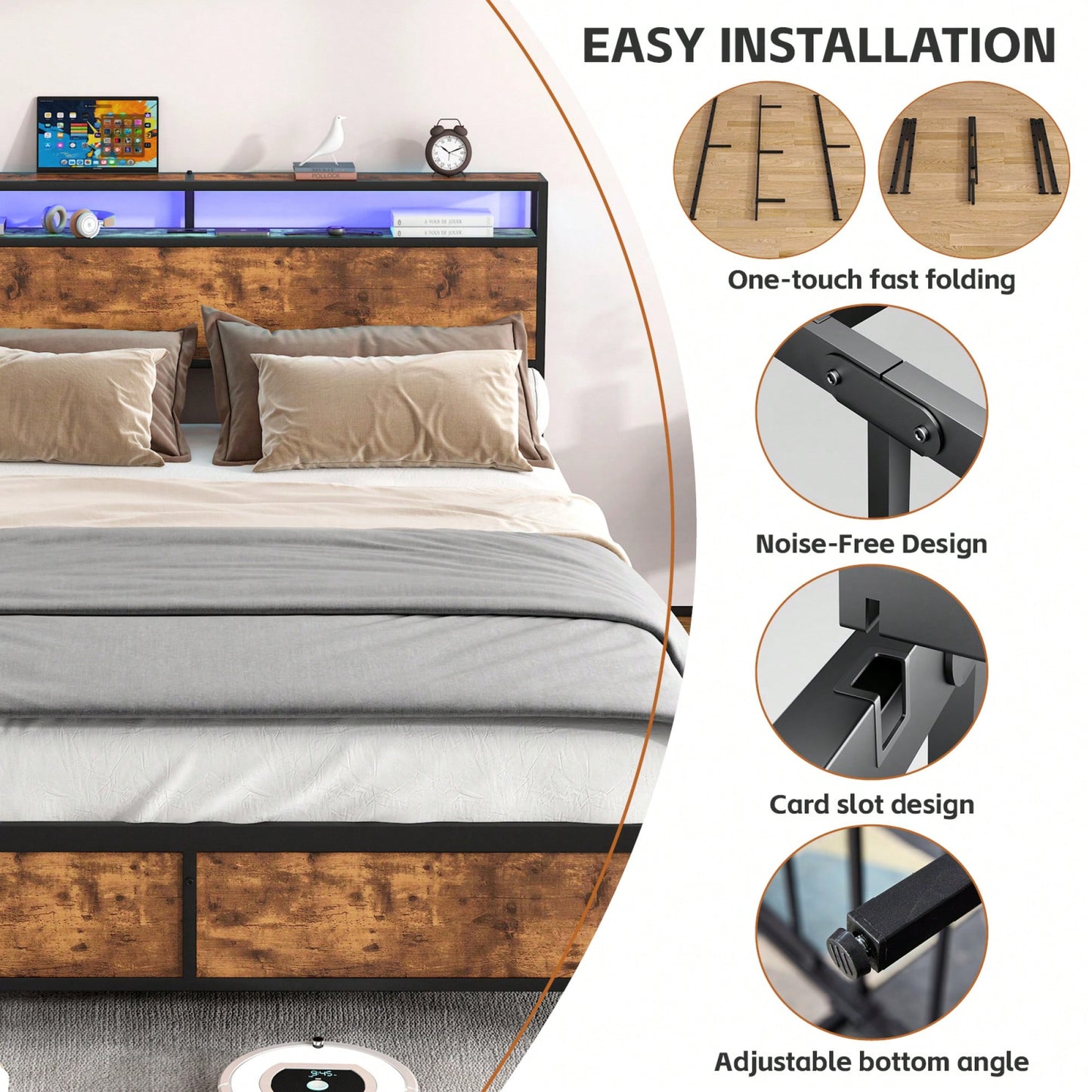 Industrial Full Bed Frame With LED Lighting And USB Charging Ports, Full Size Storage Bed, Rustic Brown Finish, No Box Spring Required