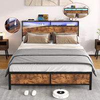 Industrial Full Bed Frame With LED Lighting And USB Charging Ports, Full Size Storage Bed, Rustic Brown Finish, No Box Spring Required