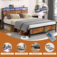 Industrial Full Bed Frame With LED Lighting And USB Charging Ports, Full Size Storage Bed, Rustic Brown Finish, No Box Spring Required