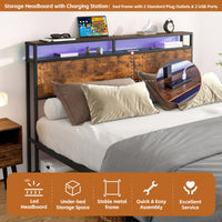 Industrial Full Bed Frame With LED Lighting And USB Charging Ports, Full Size Storage Bed, Rustic Brown Finish, No Box Spring Required