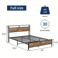 Industrial Full Bed Frame With LED Lighting And USB Charging Ports, Full Size Storage Bed, Rustic Brown Finish, No Box Spring Required