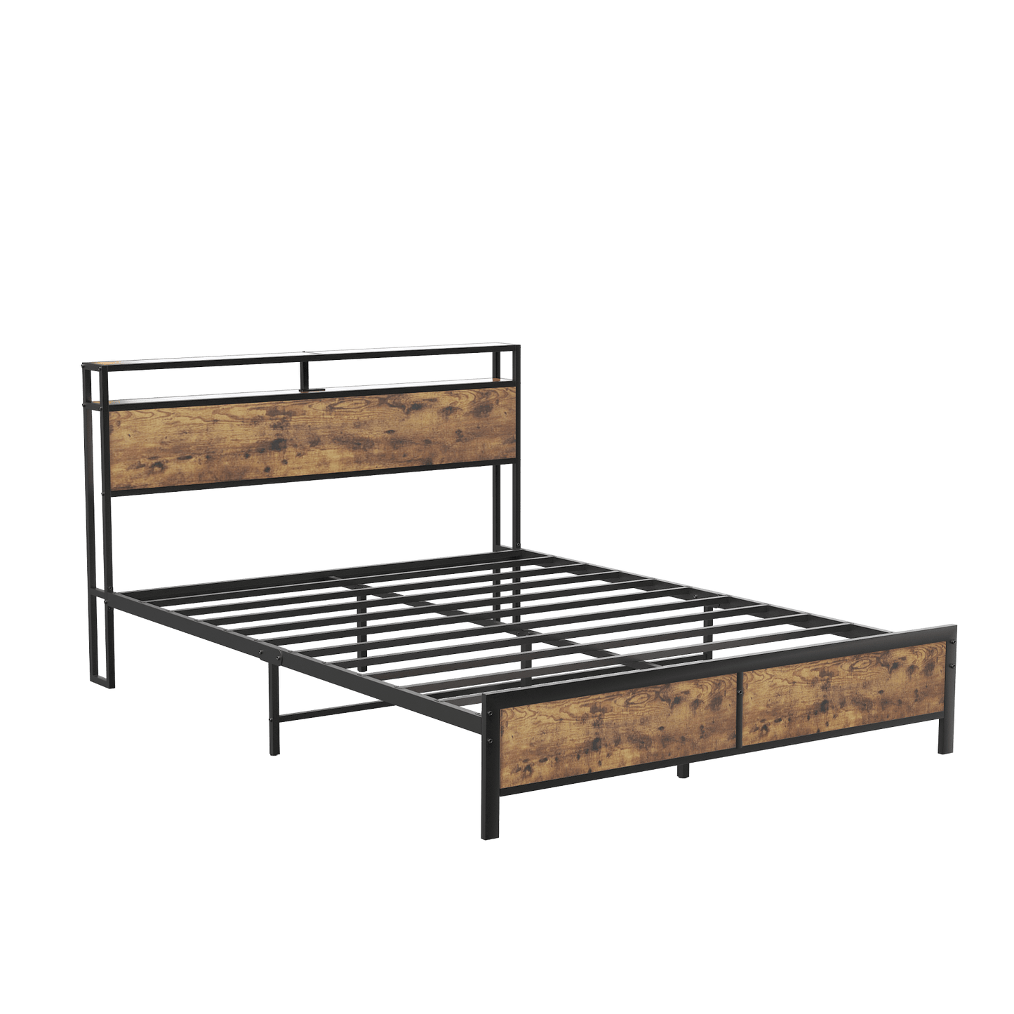 Industrial Full Bed Frame With LED Lighting And USB Charging Ports, Full Size Storage Bed, Rustic Brown Finish, No Box Spring Required