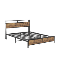 Industrial Full Bed Frame With LED Lighting And USB Charging Ports, Full Size Storage Bed, Rustic Brown Finish, No Box Spring Required