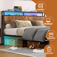 Industrial Full Bed Frame With LED Lighting And USB Charging Ports, Full Size Storage Bed, Rustic Brown Finish, No Box Spring Required