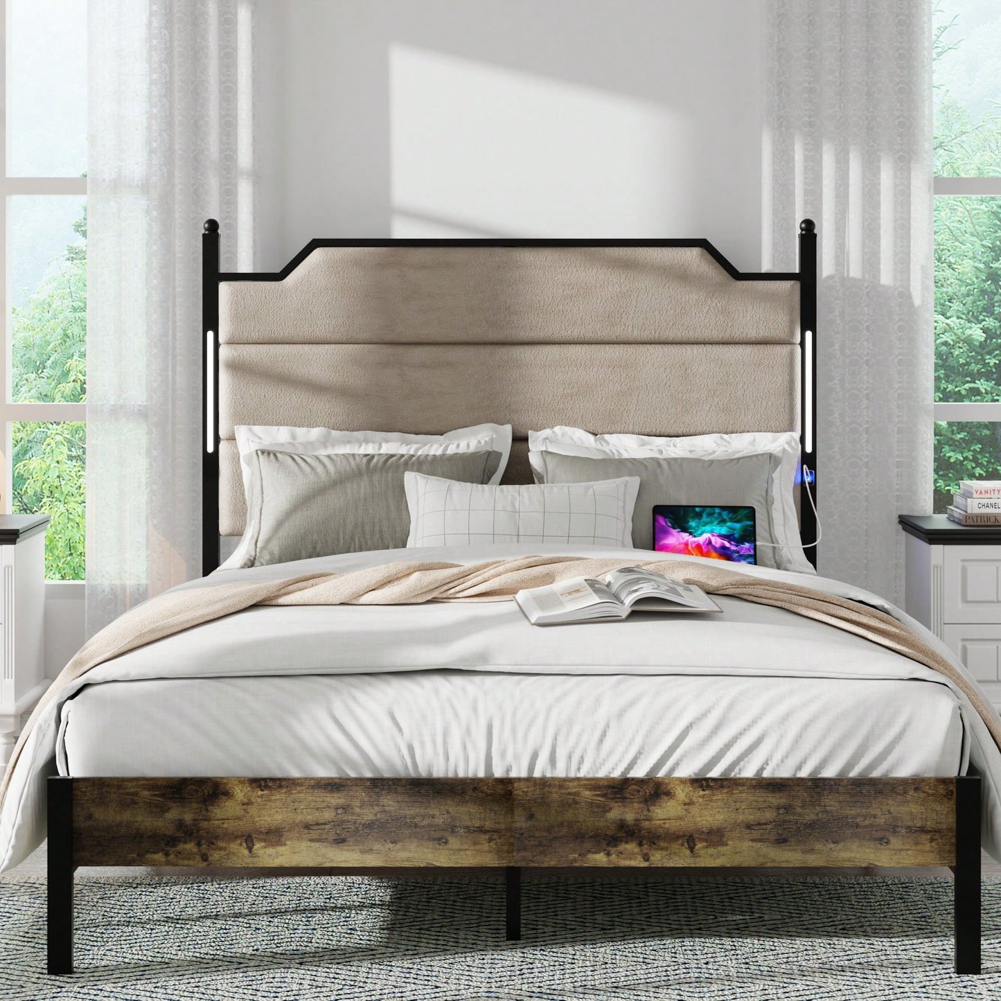 Upholstered Queen Bed Frame With Charging Station And LED Lights Industrial Brown Easy Assembly No Box Spring Needed Wood Slats