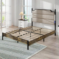 Upholstered Queen Bed Frame With Charging Station And LED Lights Industrial Brown Easy Assembly No Box Spring Needed Wood Slats