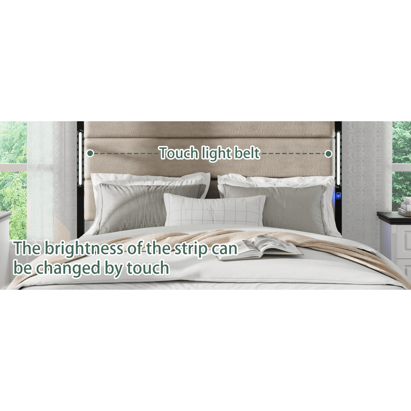 Upholstered Queen Bed Frame With Charging Station And LED Lights Industrial Brown Easy Assembly No Box Spring Needed Wood Slats