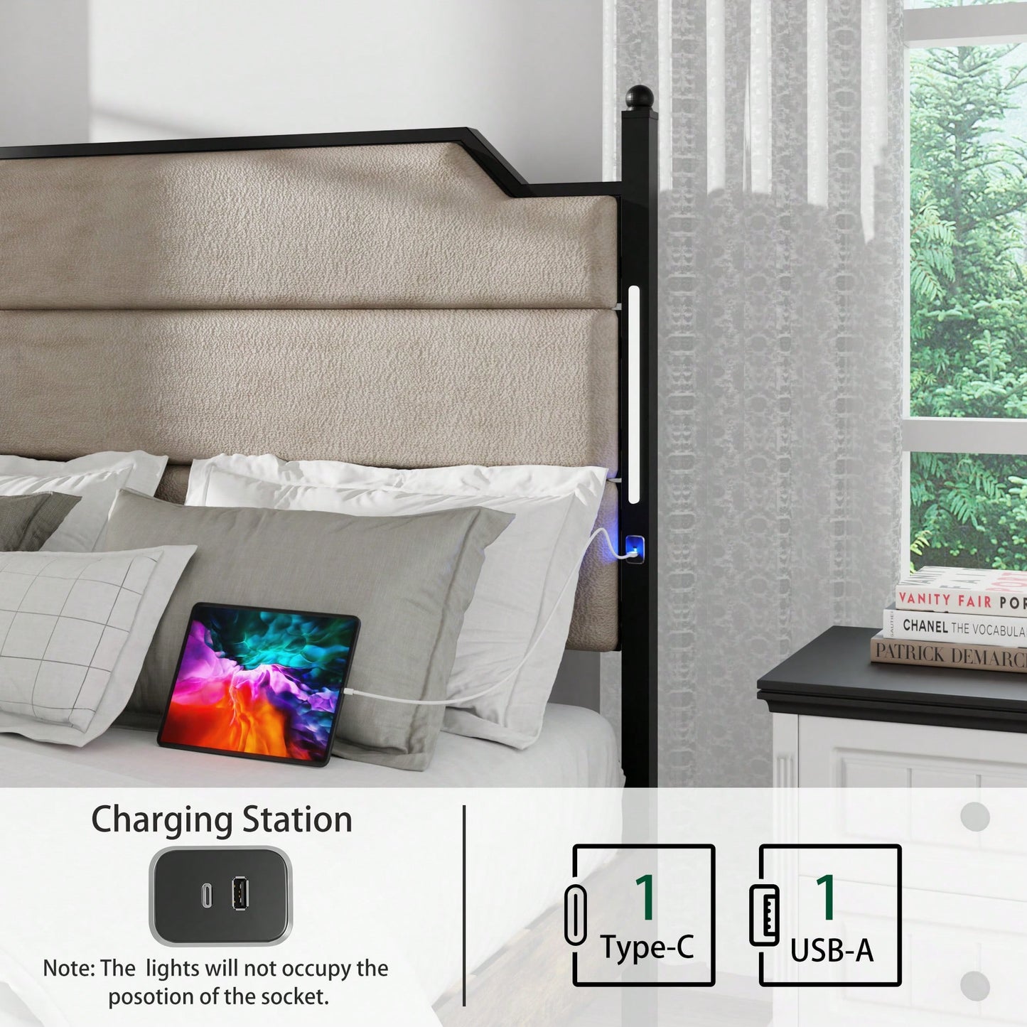 Upholstered Queen Bed Frame With Charging Station And LED Lights Industrial Brown Easy Assembly No Box Spring Needed Wood Slats