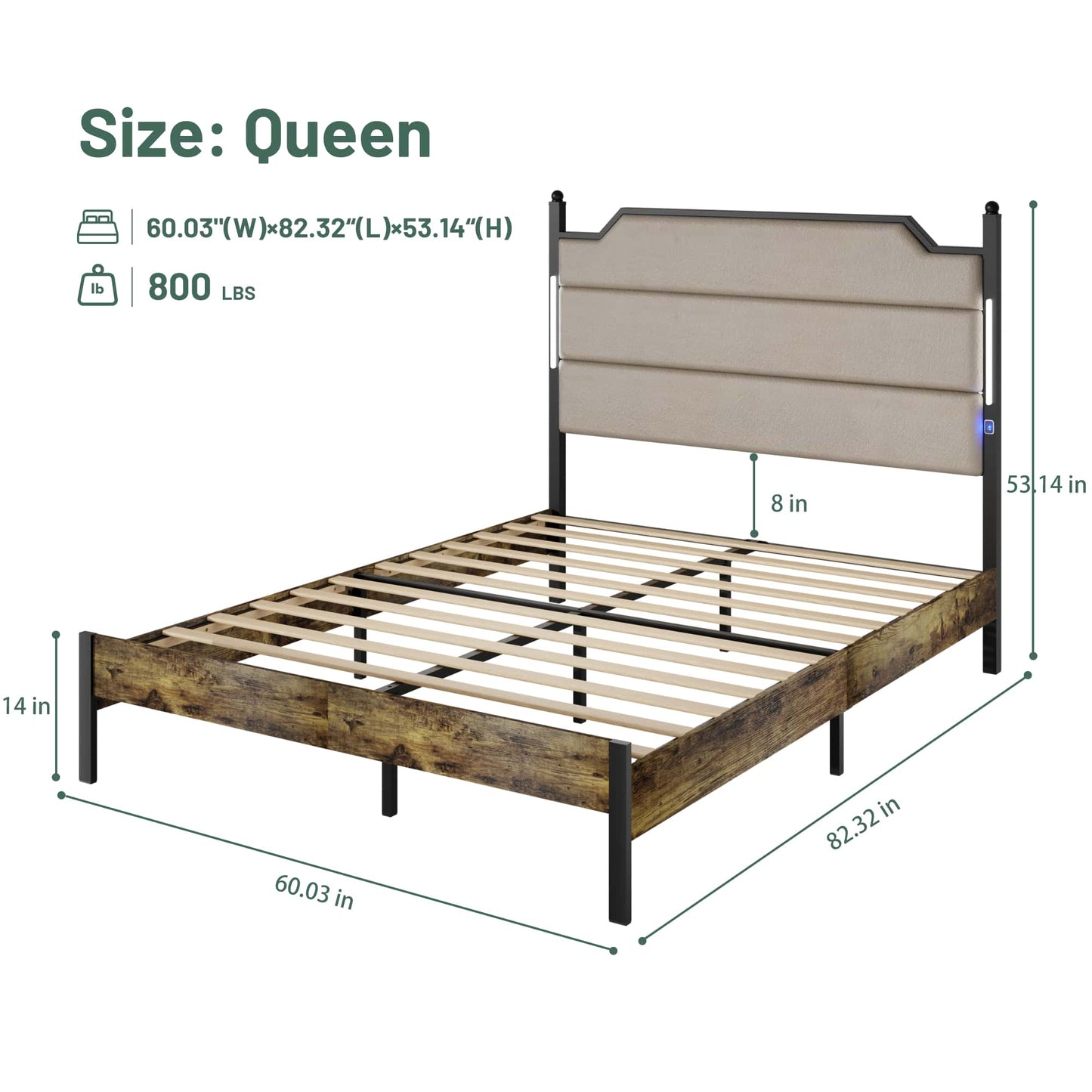 Upholstered Queen Bed Frame With Charging Station And LED Lights Industrial Brown Easy Assembly No Box Spring Needed Wood Slats